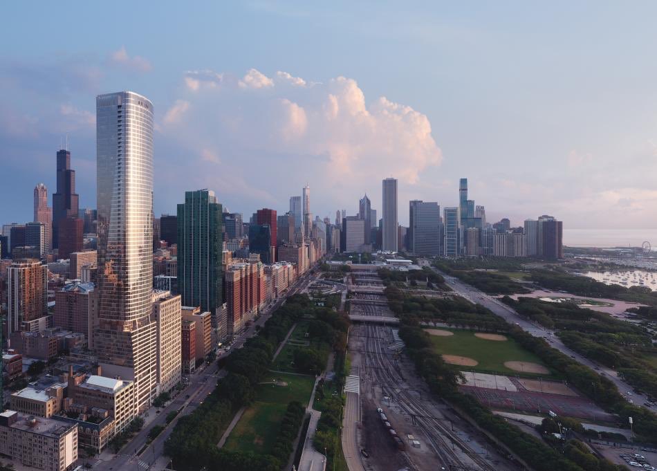 The bend of 1000M on S Michigan well under construction - a legacy of the late Helmut Jahn which will decorate the periphery of Grant Park. Building cantilevers over a smaller #Chicago landmark building to use adjacent air rights.