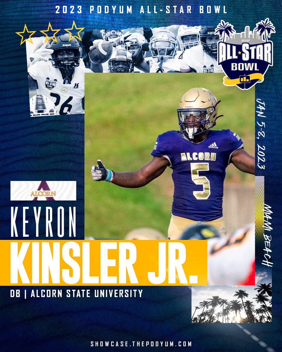 🚨 𝗖𝗢𝗡𝗙𝗜𝗥𝗠𝗘𝗗 🚨 Defensive Back @AlmightyKins from @AlcornStateFB has accepted the invitation to compete at the 2023 Podyum All-Star Bowl! See you in Miami! showcase.thepodyum.com #EarnYourLevel #CollegeAllStar #FootballShowcase #ProFootball #NFL #CFL #XFL #USFL