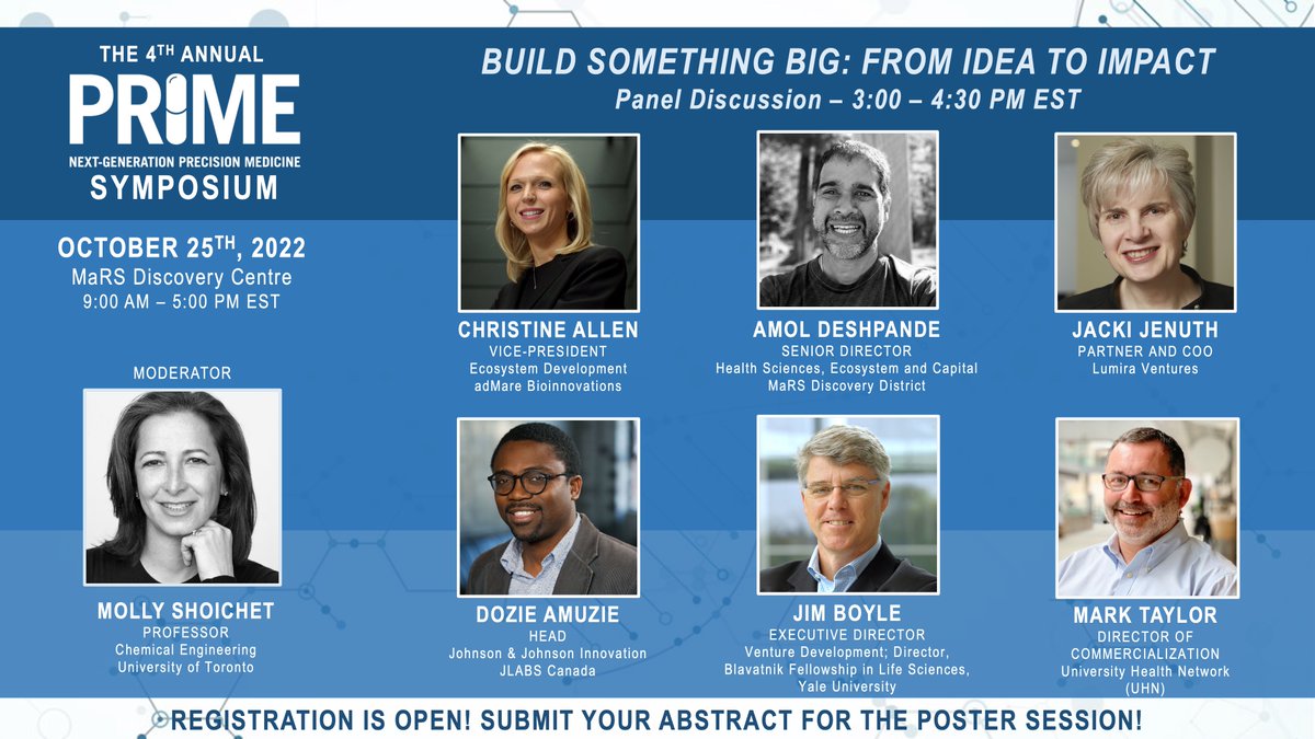 Meet our amazing panelists for the 4th Annual PRiME Symposium on October 25th @MaRS Auditorium! The theme of the panel discussion is Build Something Big: From Idea to Impact. Register/submit an abstract here: bit.ly/3R78LWy #defygravity #innovation