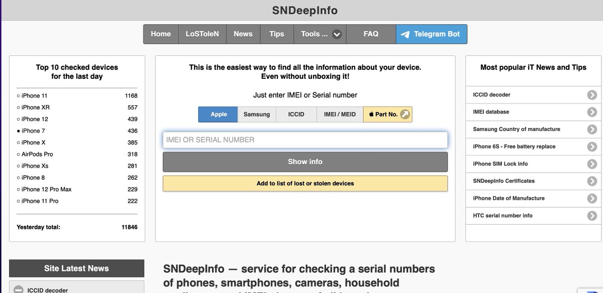 SNDeepInfo Find information about devices (phones, smartphones, cameras, household appliances) by - IMEI; - MEID; - ICCID; - serial number; - Apple Part Number. sndeep.info/en Thanks for tip @ohshint_