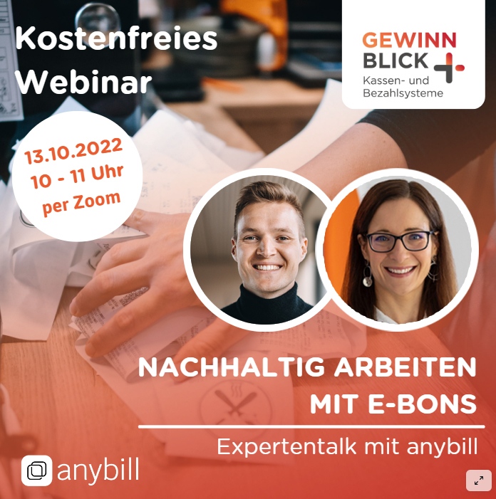 🗣 Gewinnblick x anybill Expertentalk 🎙

Gemeinsam mit unserem Partner Gewinnblick veranstalten wir ein kostenfreies Webinar zum Thema "Nachhaltig arbeiten mit E-Bons". 

📅 13. Oktober 2022
⏰ 10:00 - 11:00 Uhr