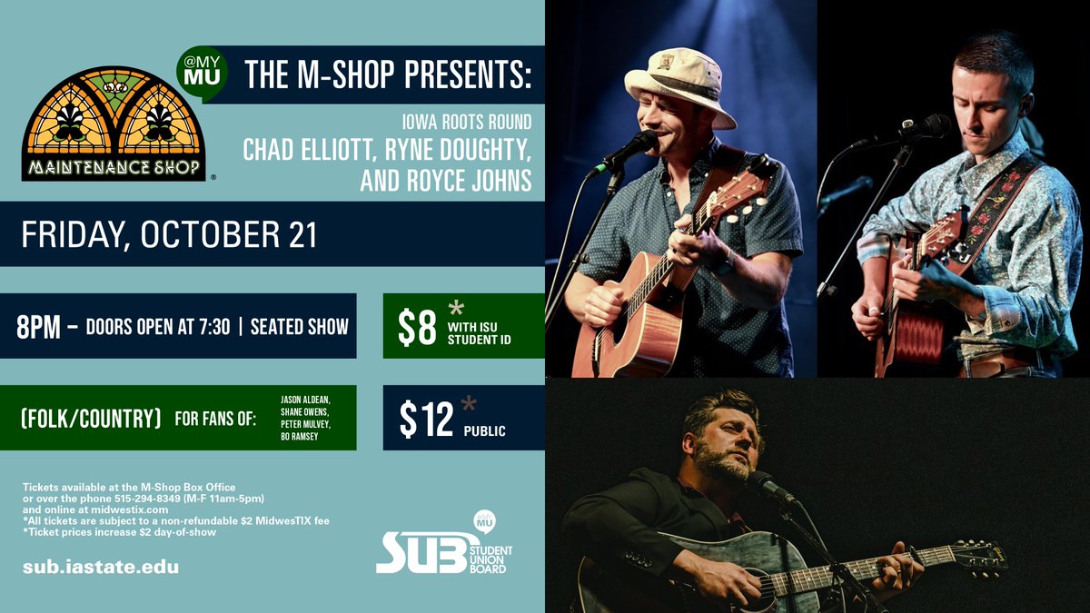 Join Chad Elliott, Ryne Doughty and Royce Johns for a demonstration of Midwest songcraft at the Iowa Roots Round show. All 3 will appear on stage together, swapping songs and stories during an in-the-round style event.
Seated show. Tickets available here: tickets.midwestix.com/event/iowaroot…