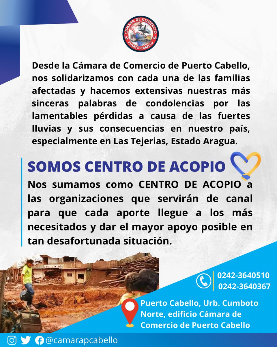 camarapcabello's tweet photo. Nos sumamos como CENTRO DE ACOPIO a las organizaciones que servirán de canal para que cada aporte llegue a los más necesitados y dar el mayor apoyo posible en tan desafortunada situación. #LasTejerias #Aragua https://t.co/9eeC5LFrws