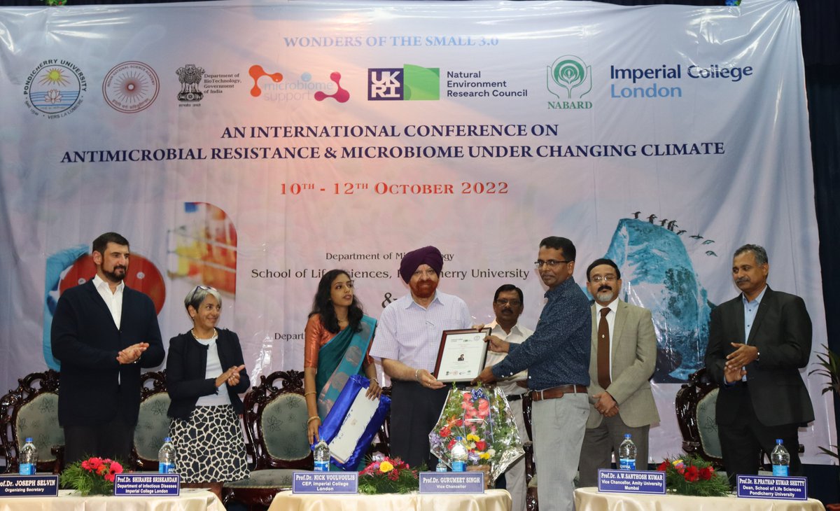 PondiUniVC's tweet photo. Prof.@GurmeetSinghVC inaugurated Intl. Conf. on "Antimicrobial Resistance &amp; Microbiome under changing climate" organised by Dept. of Microbiology &amp; Centre for Environment Policy &amp; Dept. of Infectious Disease and Immunity, Imperial College, London, U.K. on 11.10.2022 @ PU. https://t.co/CP2rzPiZ2K