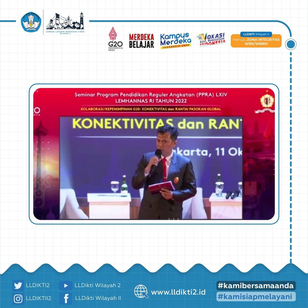LLDIKTI2's tweet photo. Kepala Lembaga Layanan Pendidikan Tinggi Wilayah II Prof. Iskhaq Iskandar menjadi moderator dalam seminar Lemhanas dengan tema 'Kolaborasi/Kepemimpinan Nasional G20 : Konektivitas dan Rantai Pasokan Global' yang dilaksanakan secara daring pada selasa, 11 Oktober 2022 https://t.co/5c3kDP0drO