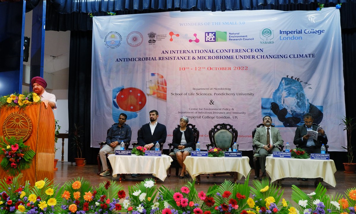 PondiUniVC's tweet photo. Prof.@GurmeetSinghVC inaugurated Intl. Conf. on "Antimicrobial Resistance &amp; Microbiome under changing climate" organised by Dept. of Microbiology &amp; Centre for Environment Policy &amp; Dept. of Infectious Disease and Immunity, Imperial College, London, U.K. on 11.10.2022 @ PU. https://t.co/CP2rzPiZ2K