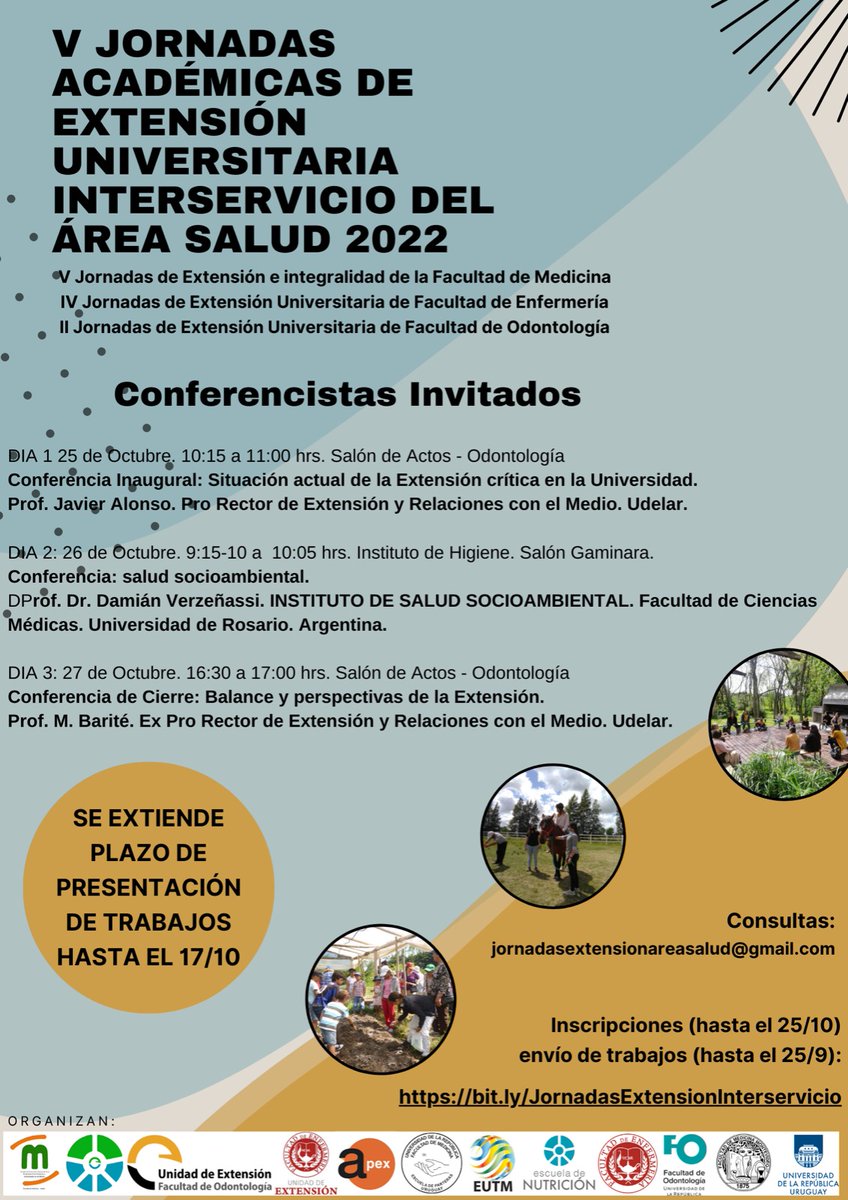 📢¡Plazo extendido hasta el 17/10 para la presentación de trabajos! 
Sé parte de las V Jornadas de Extensión Interservicio del Área Salud.
Inscripciones y envío de trabajos:
bit.ly/JornadasExtens…