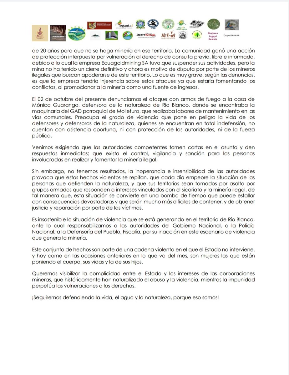 COMUNICADO 🚨
Ante el ataque armado a defensorxs de la naturaleza de Yumate/Azuay.
Responsabilizamos a las autoridades por su inacción en este escenario de violencia que genera la minería.
<a href="/FiscaliaEcuador/">Fiscalía Ecuador</a> <a href="/DEFENSORIAEC/">Defensoría del Pueblo de Ecuador</a> <a href="/PoliciaEcuador/">Policía Ecuador</a> <a href="/MinGobiernoEc/">Ministerio de Gobierno Ecuador</a> 
#DefensorxsEnPeligro
Leer 👇🏻