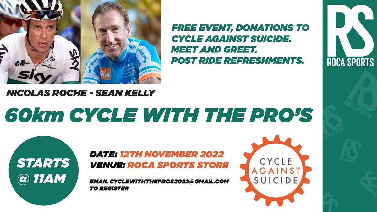 CASuicide's tweet photo. Join Nicholas Roche, Sean Kelly &amp; Garry O'Donovan for a 60km cycle on Nov 12th.  
Organised by @RocaSportsIrl 
This free caters to all abilities.

For info email cyclewiththepros2022@gmail.com

Cycle Against Suicide are so grateful to @Rocasportsirl for supporting our work. https://t.co/B6m4RzGOzC
