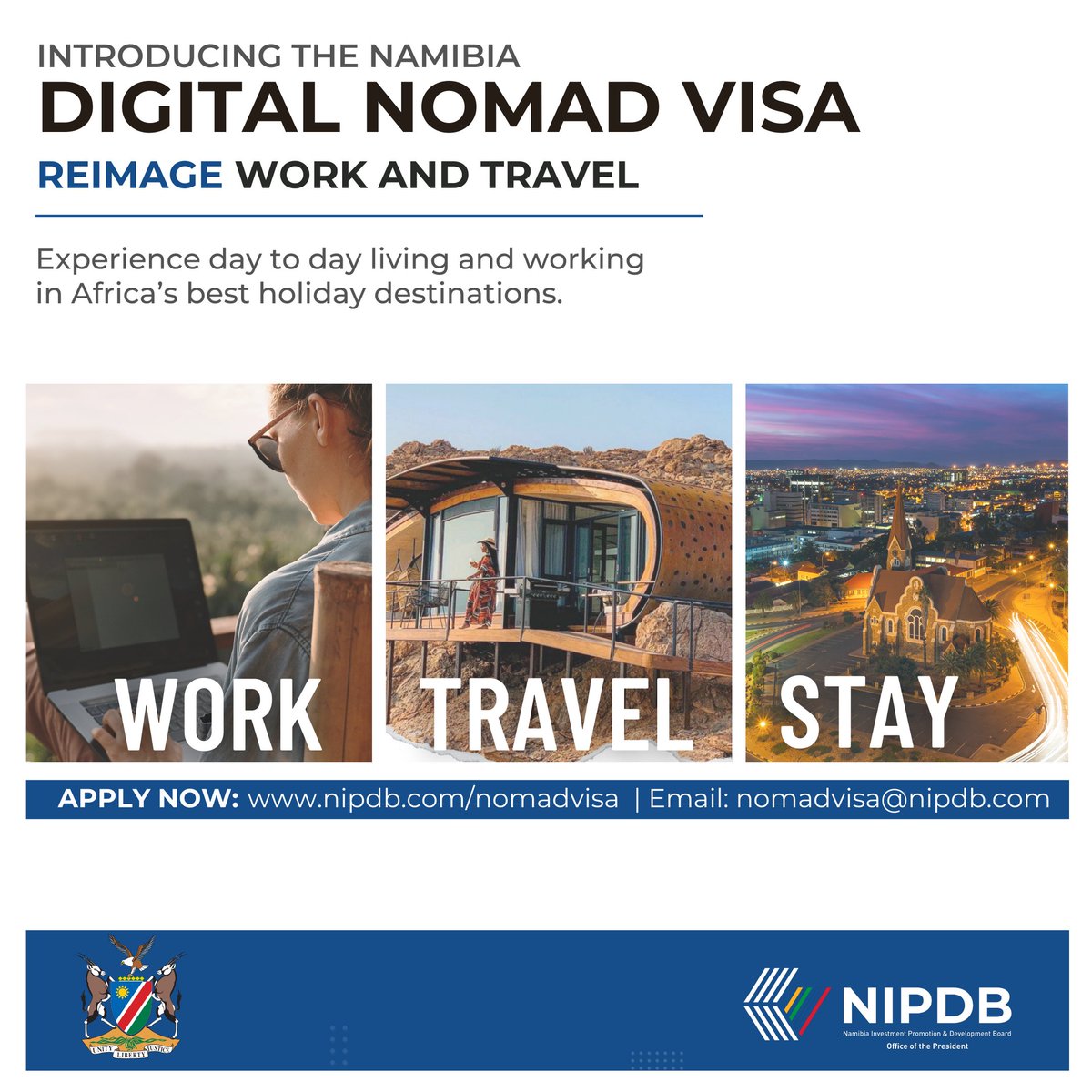 NIPDB's tweet photo. ✍️APPLY NOW | Get started with your journey to Namibia!

The journey to becoming a Digital Nomad in Namibia is easy with 5⃣five easy steps, all from the comfort of your home ➡️https://t.co/xHuSy93QGS

🧵 https://t.co/PuMl7wK32M