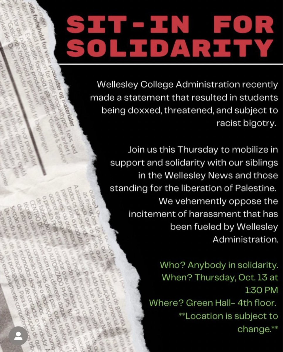 If you're in the Boston area, come out this Thursday to show solidarity with Wellesley students taking a principled stand for Palestinian liberation, in the face of tactics of intimidation and harassment from Wellesley administration and zionist orgs. (From @wellesleyunderg)