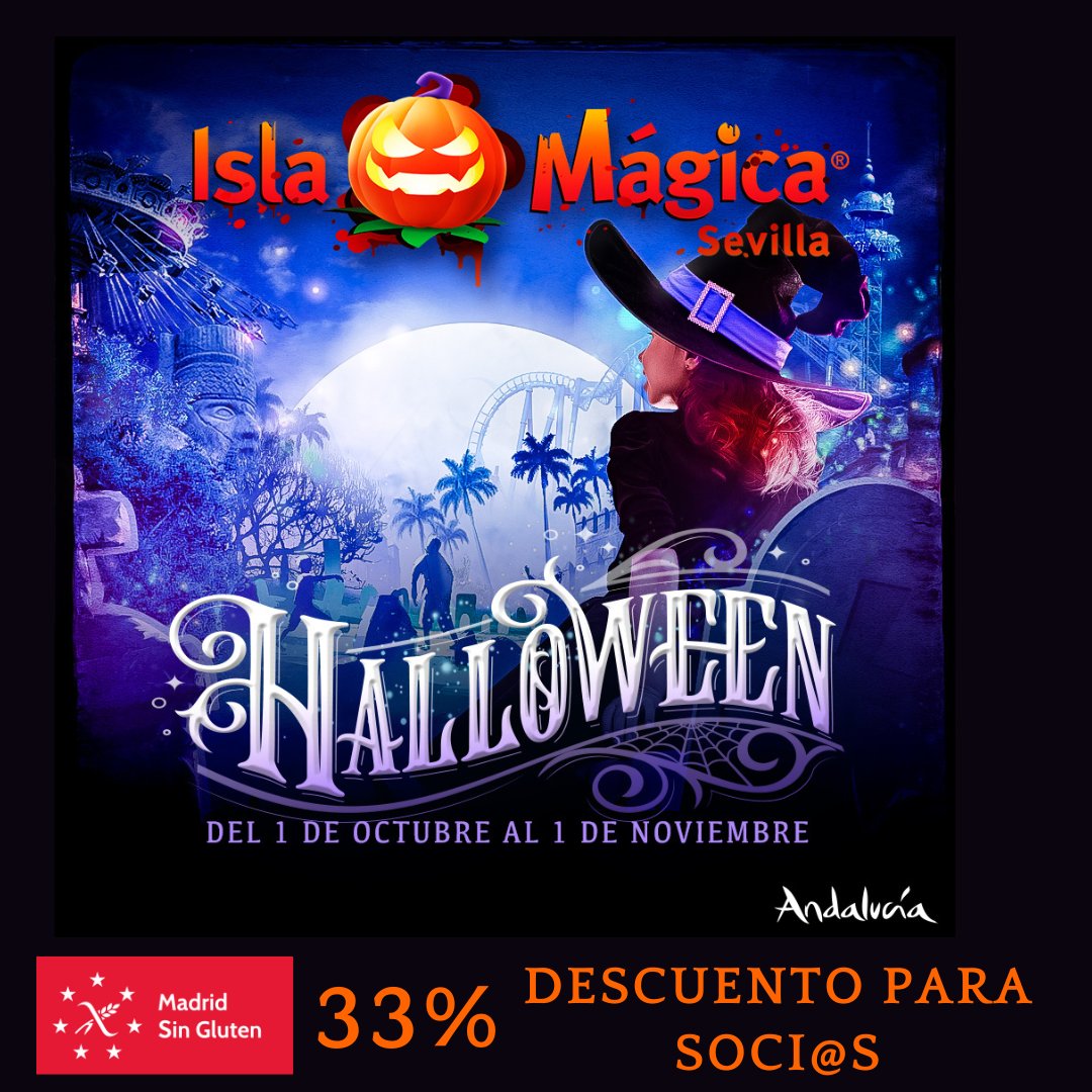 Nuestros soci@s podrán disfrutar de un 33% de descuento en la adquisición de entradas para Isla Mágica. 

+ Información: 610.292.191 // info@madridsingluten.org

#madridsingluten_face #Halloween2022