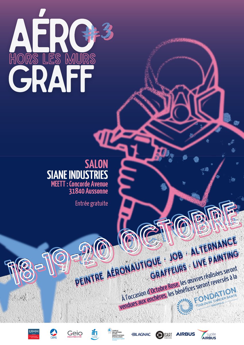 CMQE Aéronautique et Spatial (@cmqe_as) on Twitter photo AéroGraff#3 🎨Pour sa 3ème édition Hors les murs, l'Aérograff aura lieu lors du <a href="/SalonSiane/">Salon SIANE</a> Industries !
🎗️A l'occasion d'Octobre Rose, les œuvres réalisées seront mises en vente aux enchères par la Fondation Toulouse Cancer Santé
<a href="/AirbusFdn/">Airbus Foundation</a> <a href="/Airbus/">Airbus</a> @UIMM_Occitanie <a href="/GeiqOccitanie/">CR GEIQ Occitanie</a> AéroGraff#3 🎨Pour sa 3ème édition Hors les murs, l'Aérograff aura lieu lors du <a href="/SalonSiane/">Salon SIANE</a> Industries !
🎗️A l'occasion d'Octobre Rose, les œuvres réalisées seront mises en vente aux enchères par la Fondation Toulouse Cancer Santé
<a href="/AirbusFdn/">Airbus Foundation</a> <a href="/Airbus/">Airbus</a> @UIMM_Occitanie <a href="/GeiqOccitanie/">CR GEIQ Occitanie</a>