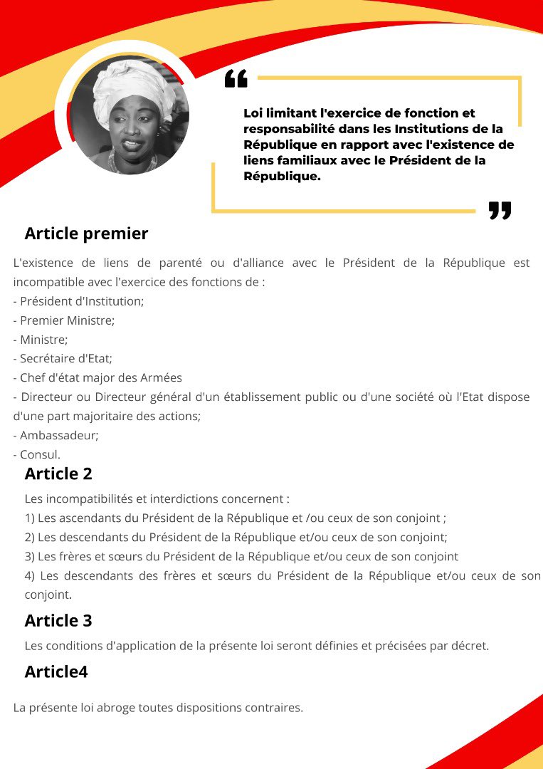 aminatatoureklk's tweet photo. Ma Proposition de loi limitant l'exercice de fonctions et responsabilités dans les Institutions de la République en rapport avec l'existence de liens familiaux avec le Président de la République. #kebetu #Senegal https://t.co/9OAhxX2cE1