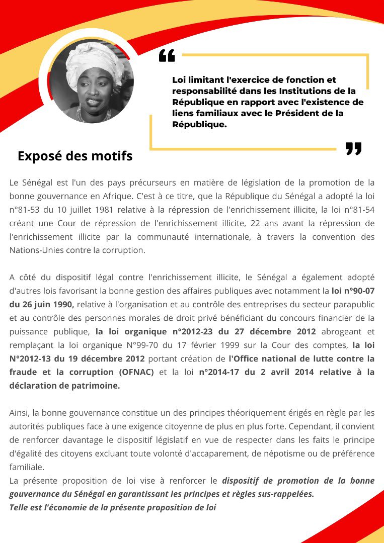 aminatatoureklk's tweet photo. Ma Proposition de loi limitant l'exercice de fonctions et responsabilités dans les Institutions de la République en rapport avec l'existence de liens familiaux avec le Président de la République. #kebetu #Senegal https://t.co/9OAhxX2cE1