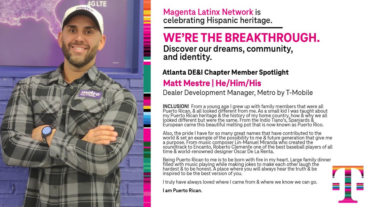 Before #HispanicHeritageMonth comes to a close, I want to spotlight an incredible leader- @mestre_matthew 🇵🇷 Matt is a ROCKSTAR DDM supporting @MetroByTMobile dealers across #ATL. Check-out how his heritage informs/inspires him everyday! #BEYOU @AnnieG_FL @TonyCBerger @thayesnet