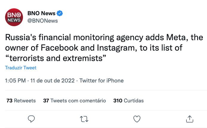 hoje_no's tweet photo. A agência de monitoramento financeiro da Rússia incluiu a Meta, dona do Facebook e do Instagram, na lista de "organizações terroristas e extremistas". https://t.co/aceuCsJCST