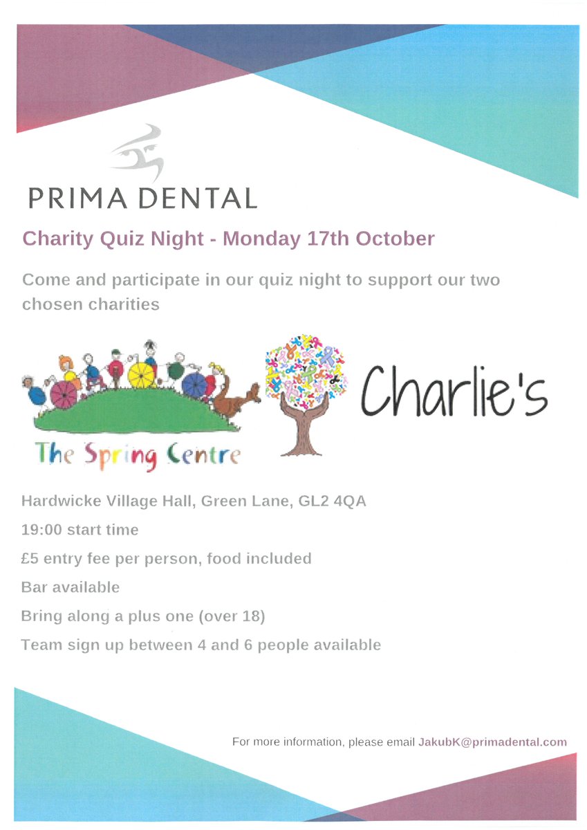 Come Monday 17th for a fun night out, join a team or bring friends to make a team, thank you #PrimaDental for supporting #charities #gloucestershire