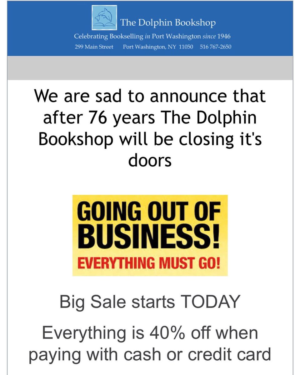 BooksAtBluebird's tweet image. Another beloved indie bookstore closing its doors, this one after 76 years. We’ll miss you, @thedolphinbooks #ShopLocal #ShopSmall #SayNoToAmazon