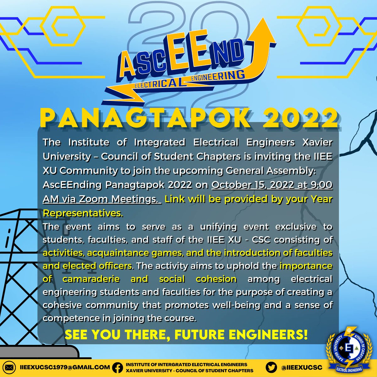 iieexusc's tweet photo. We are inviting you to join us to the annual 𝙀𝙡𝙚𝙘𝙩𝙧𝙞𝙘𝙖𝙡 𝙀𝙣𝙜𝙞𝙣𝙚𝙚𝙧𝙞𝙣𝙜 𝘿𝙚𝙥𝙖𝙧𝙩𝙢𝙚𝙣𝙩 𝙂𝙚𝙣𝙚𝙧𝙖𝙡 𝘼𝙨𝙨𝙚𝙢𝙗𝙡𝙮:"𝘼𝙨𝙘𝙀𝙀𝙉𝙙𝙞𝙣𝙜 𝙋𝙖𝙣𝙖𝙜𝙩𝙖𝙥𝙤𝙠 2022" this coming 𝐎𝐜𝐭𝐨𝐛𝐞𝐫 𝟏𝟓, 𝟖:𝟑𝟎 𝐀𝐌 𝐯𝐢𝐚 𝐙𝐨𝐨𝐦 𝐌𝐞𝐞𝐭𝐢𝐧𝐠! 💻📱 https://t.co/0smZUmUiGm