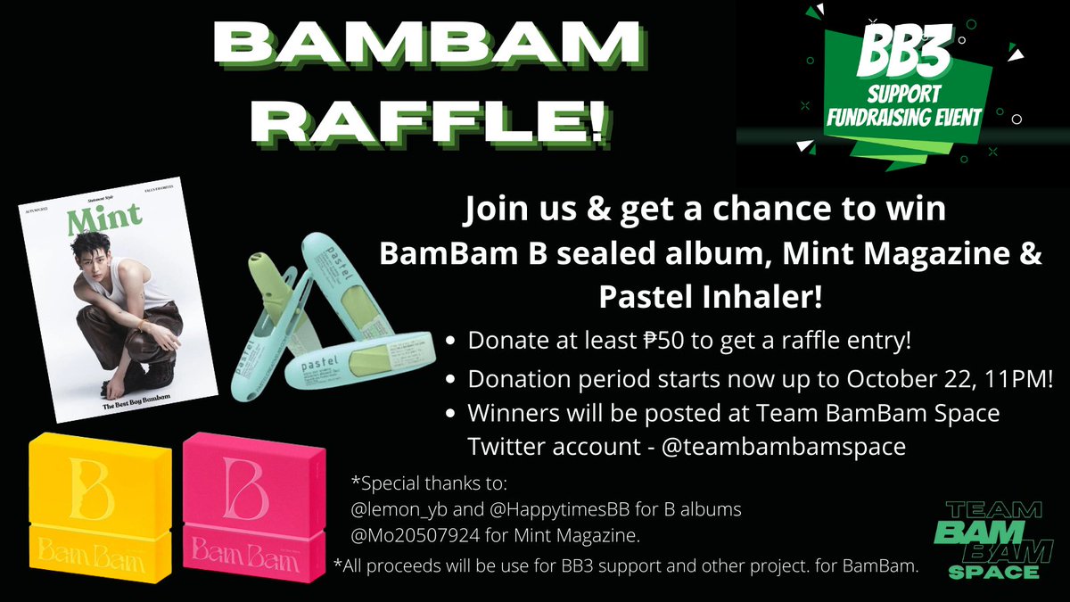 TeamBamBamSpace's tweet photo. 📢#BB3Support : BamBam Raffle!

Join us and share, skrrrt skrrt!😊💚💚💚

Full details: https://t.co/xh3VJMw58H

#BamBam #뱀뱀 #GOT7 https://t.co/CL7uwTMhjx