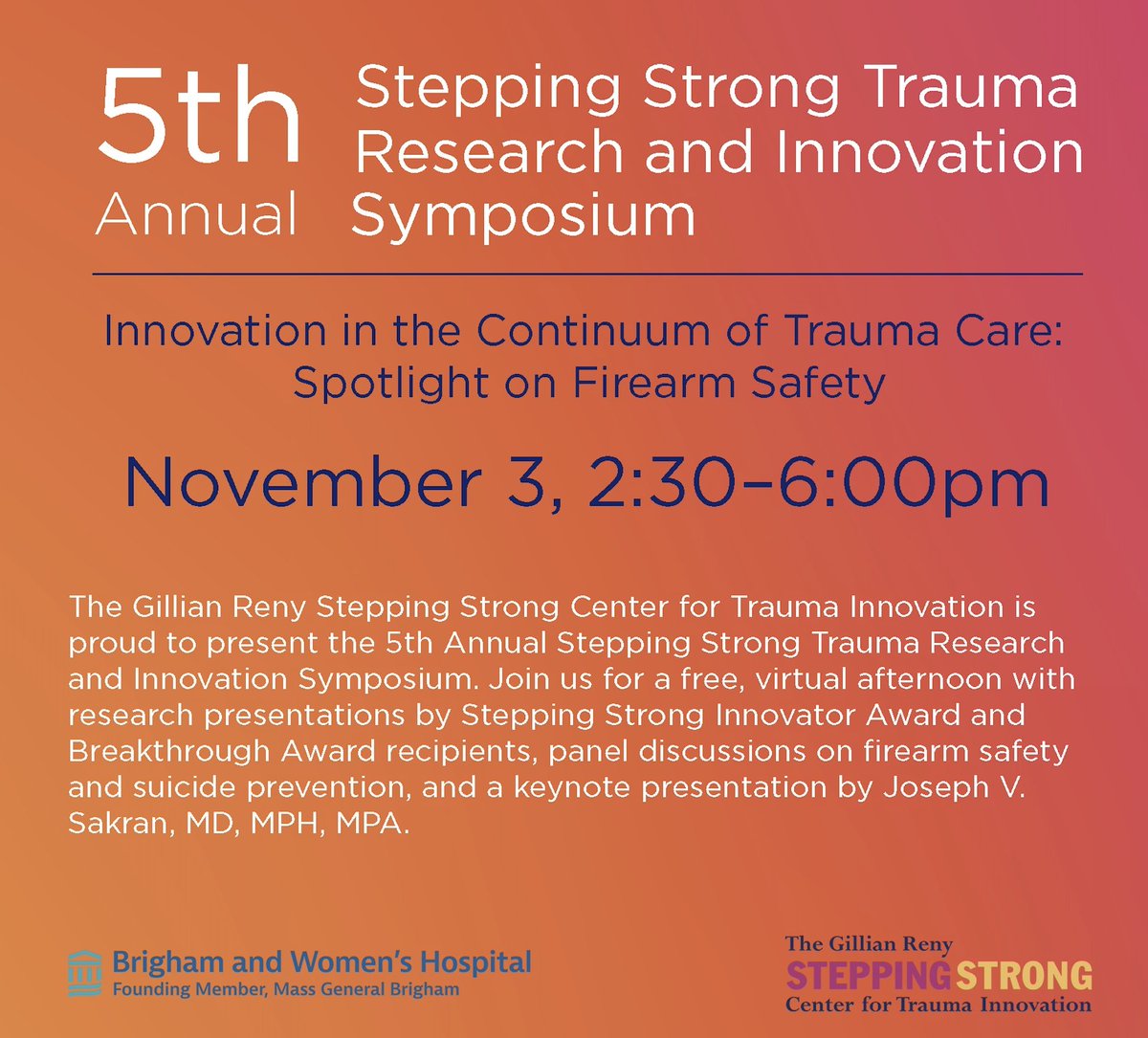 Join us at the #SteppingStrong #Trauma #Research and #Innovation Symposium! Featuring a keynote by <a href="/JosephSakran/">Joseph Sakran</a> on #GunViolence in America and research panels led by Drs. Matt Carty, <a href="/EricGoralnick/">Eric Goralnick</a> &amp; @MollyJarman  

Register today:
bit.ly/3VhWjGP

#InjuryPrevention