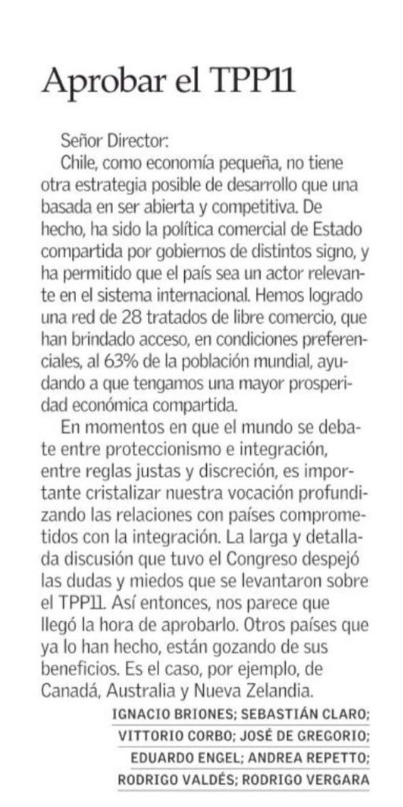 Ojalá sea la última vez que haya que subir esta carta. Aprobar el TPP-11. Por Andrea Repetto, Vittorio Corbo, José de Gregorio, Eduardo Engel, Rodrigo Valdés y Rodrigo Vergara, entre otros. Chile necesita aprobar este tratado, por más que no le guste al subsecretario Ahumada.
