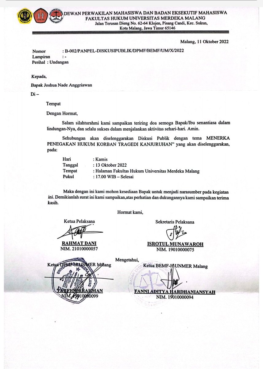 joshuanade's tweet photo. Saya kamis besok di undang nawak2 dari bem mahasiswa hukum universitas unmer.
Di sana nanti bakal ada narsum yang lain , kita ajak mahasiswa untuk menggaungkan #UsutTuntasTragediKanjuruhan https://t.co/uziWDCpdj3