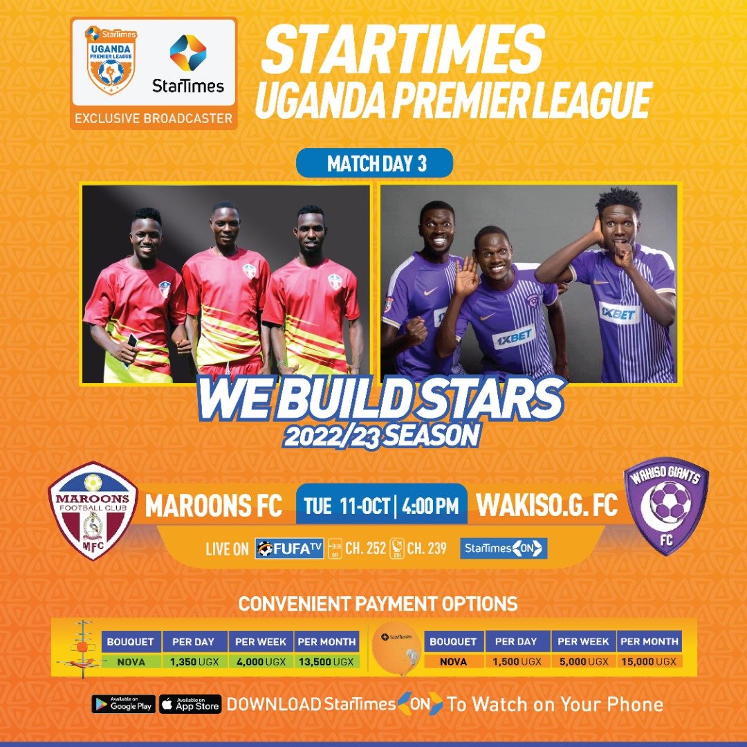 StarTimesUganda's tweet photo. #StarTimesUPL today at 4pm, the purple sharks are in Luzira Maximum prison facing Maroons.

⚽ Maroons FC Vs @WakisoGiantsFC https://t.co/O7wY0oA5wu