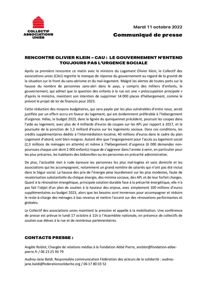 📢[COMMUNIQUE DE PRESSE] Suite à la rencontre du @CollAssoUnies avec le ministre du logement @OlivierKlein93, les associations regrettent le manque de réponse apportées face à la gravité de la situation sur le front du sans-abrisme et du mal logement⤵️