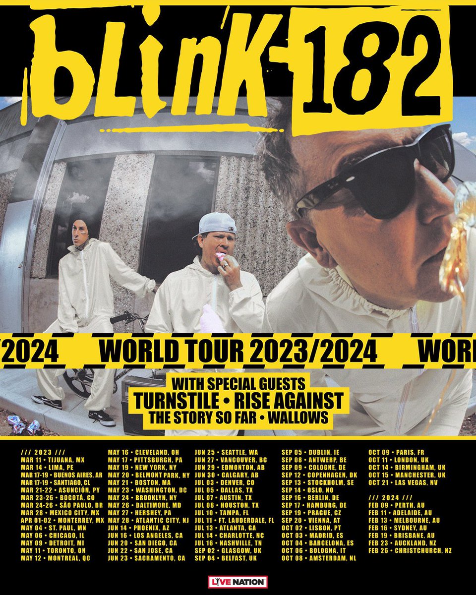 tmdqa's tweet photo. Isso que é retorno, hein?

blink-182 com Tom DeLonge, Mark Hoppus e Travis Barker em turnê mundial por 2023 e 2024

Como convidados, TURNSTILE, Rise Against, The Story So Far e Wallows.

E como tá o coração do fã ao ver uma data no Brasil pela primeira vez na carreira do trio? ❤️‍🔥 https://t.co/e93N5X2nQ3