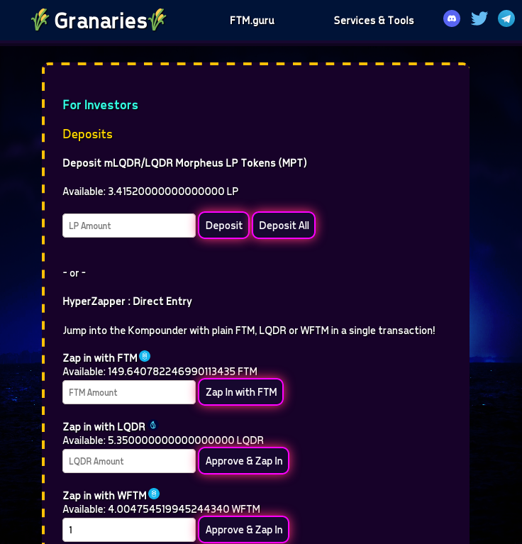 ⚡ The HyperZapper is HERE!

ftm.guru/GRAIN/5400 🡸

Jump into an auto-compounding position of $LQDR with Granary № 5400.

Zapping into GRAIN#5400 with $FTM &amp; LQDR has a lot of tax benefits, ease of access &amp; provides a simplified, super-quick experience for new users!

🦾,🚀