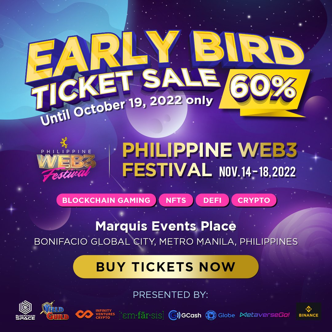 phweb3festival's tweet photo. 8 DAYS LEFT IN OUR EARLY BIRD SALE 🐤 

Meet and learn from the innovators at the front of some of the world’s biggest Web3 companies.

Get your tickets to the #PHWeb3Fest now before they all disappear!

🛒 https://t.co/XHljl8IH14 https://t.co/XIL2OGWoFP