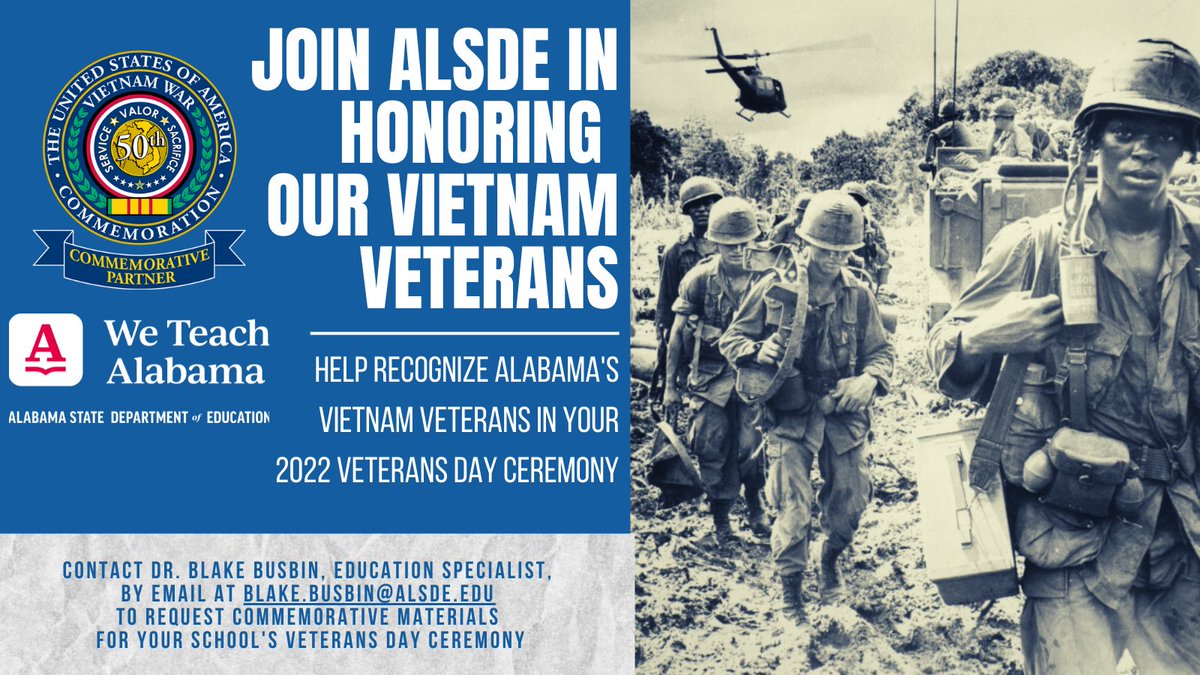 One month until #VeteransDay. Is your school hosting a ceremony or program? Alabama schools can request official commemorative materials to honor #VietnamWar veterans in recognition of the war's 50th anniversary.  #ALEdChat #AlabamaAchieves