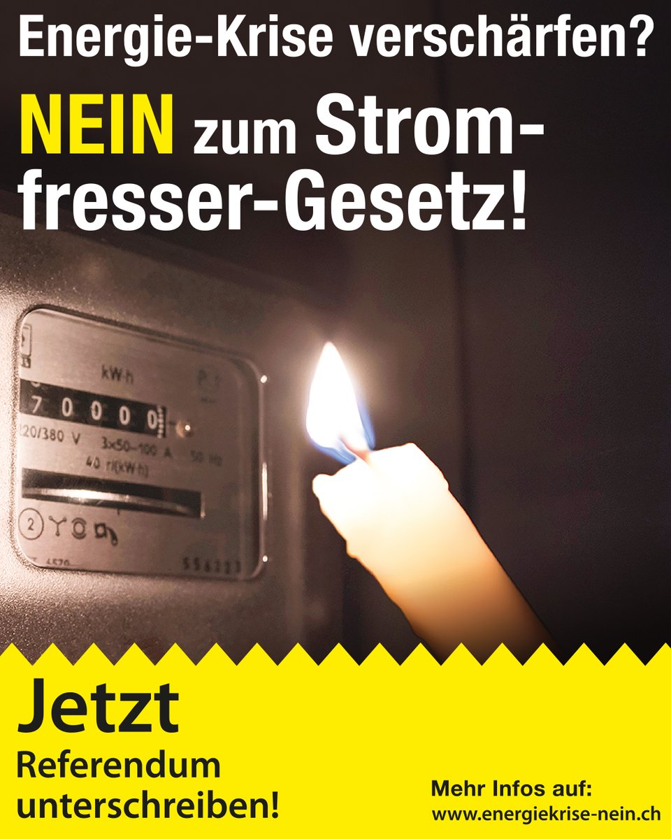 SVPch's tweet photo. Energie-Krise verschärfen? SVP lanciert Referendum gegen das Stromfresser-Gesetz

Das neue Klimaschutzgesetz von Mitte-Links zerstört Wirtschaft, Wohlstand und Versorgungssicherheit.

Jetzt Referendum unterschreiben:
https://t.co/9yr53QbbEK https://t.co/V9861Hsrit