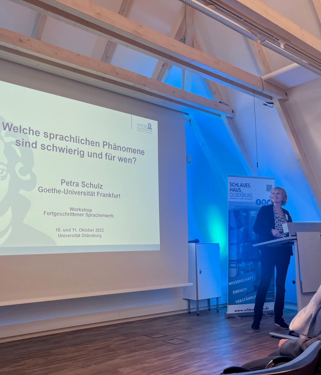 Plenary talk by Petra Schulz on the question "Which linguistic phenomena are difficult and for whom?" at the workshop "Advanced Language Acquisition" at the University of Oldenburg.