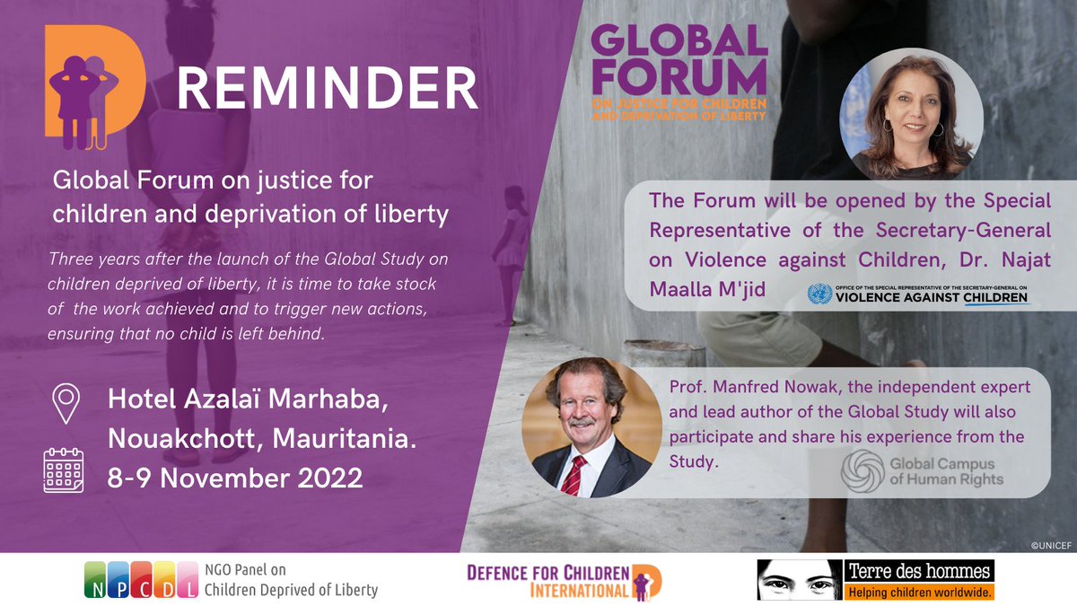DCIsecretariat's tweet photo. 📢REMINDER: join us for a special discussion about children and #deprivationofliberty: 3 years after the publication of the #GSCDL, it is time to take stock of the work achieved and the implementation of the recommendations!
✅Register here: https://t.co/nqFgCU3t6m https://t.co/CjLPC9gCvu