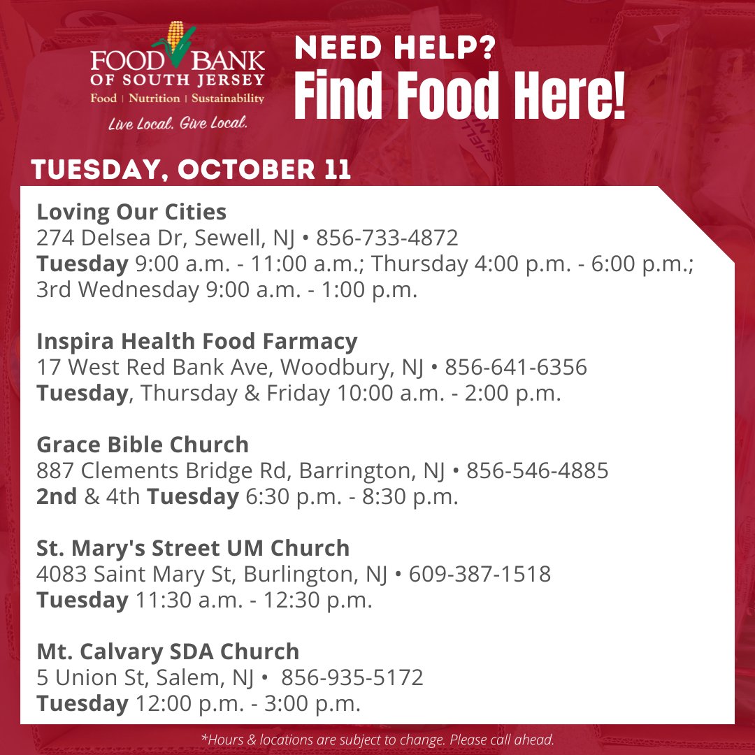 Need food assistance? Here are a few distributions taking place 𝗧𝗢𝗗𝗔𝗬, Tuesday, October 11. Find more locations & dates at foodbanksj.org/food. Hours & locations are subject to change. 𝗣𝗹𝗲𝗮𝘀𝗲 𝗰𝗮𝗹𝗹 𝗮𝗵𝗲𝗮𝗱. #bettertogether #food #feedSJ #findfood #foodbank