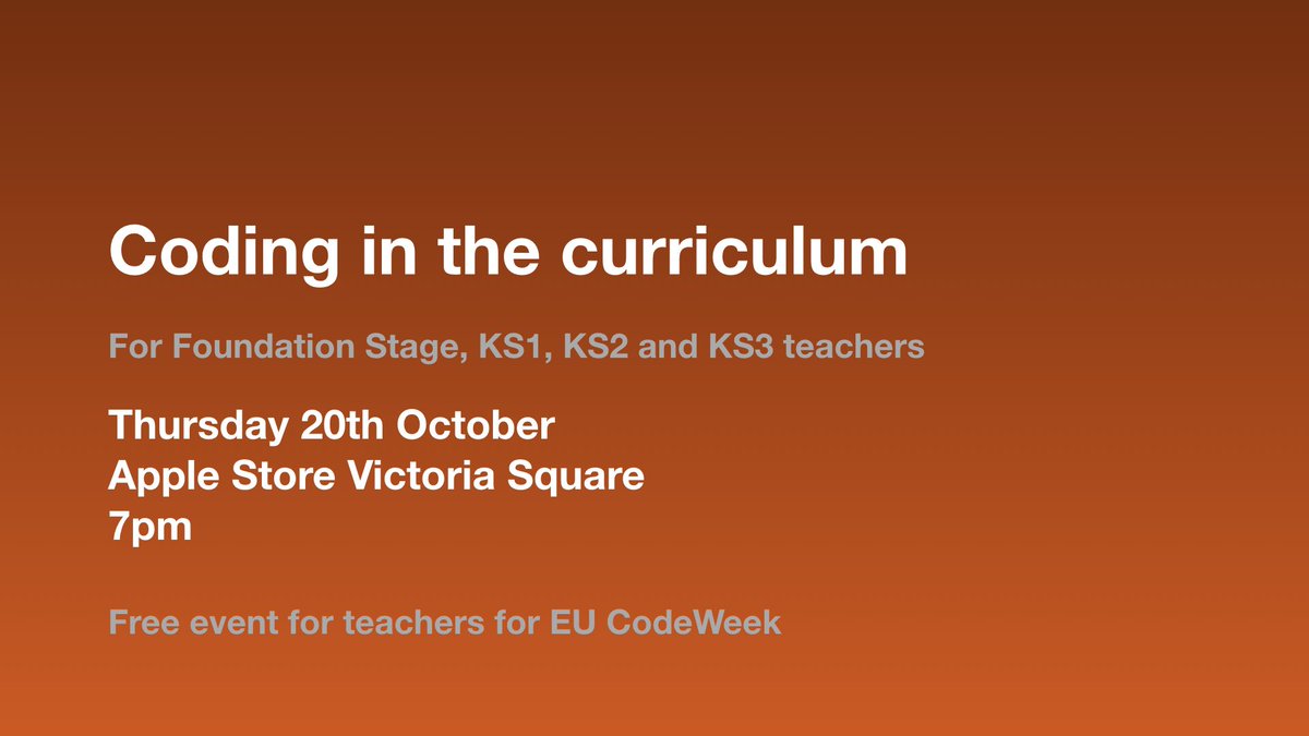 michaelokaneedu's tweet image. 🚨🚨🚨 FS, KS1, KS2 and KS3 teachers🚨🚨🚨

If you are up around Belfast on Thursday 20th October at 7pm drop in to the Apple Store in Victoria Square for free training on coding in the curriculum.

Sign up here ➡️ apple.com/uk/today/event…

#CodeWeek @CodeWeekEU #EveryoneCanCode