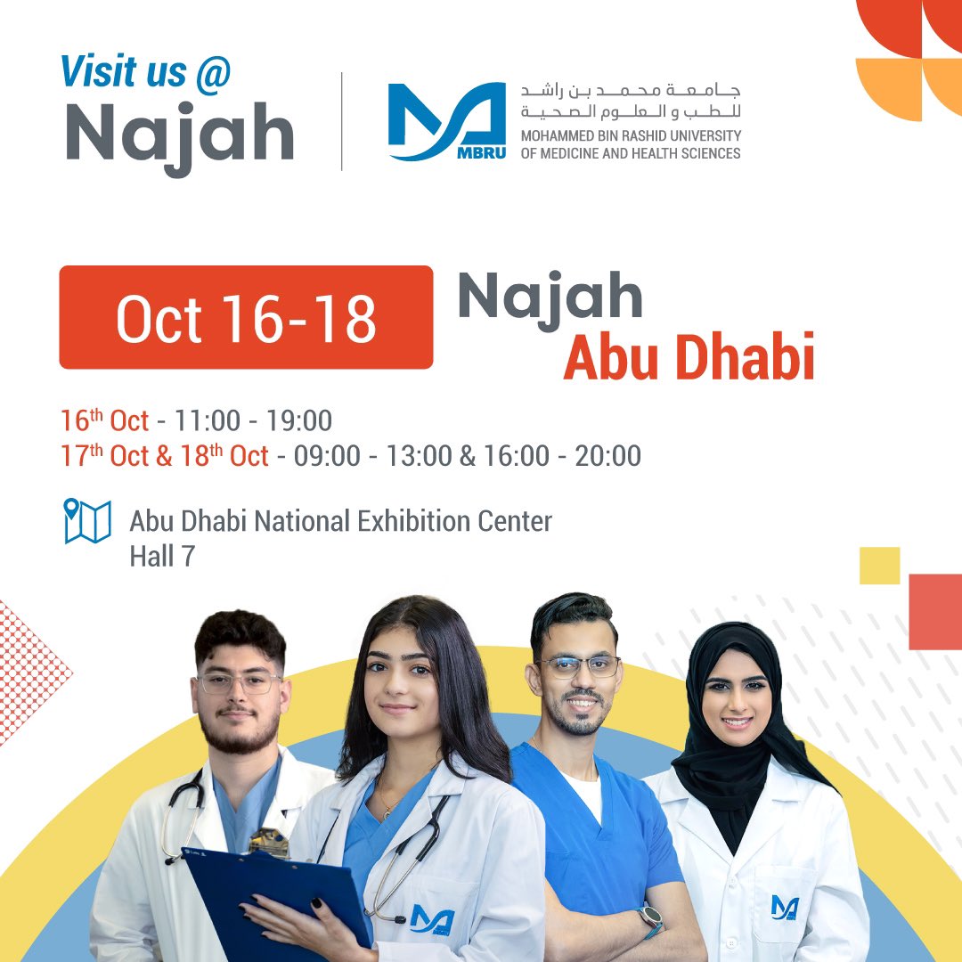 MBRU (@mbruniversity) on Twitter photo Considering a career in medicine🥼? Meet us on October 16 <a href="/najahconnect/">Najah Connect</a> Abu Dhabi to learn about #MBRU's academics, campus life, research and our unique #MBRUSummerScholars program.
Register now: bit.ly/3AzJfmt Considering a career in medicine🥼? Meet us on October 16 <a href="/najahconnect/">Najah Connect</a> Abu Dhabi to learn about #MBRU's academics, campus life, research and our unique #MBRUSummerScholars program.
Register now: bit.ly/3AzJfmt