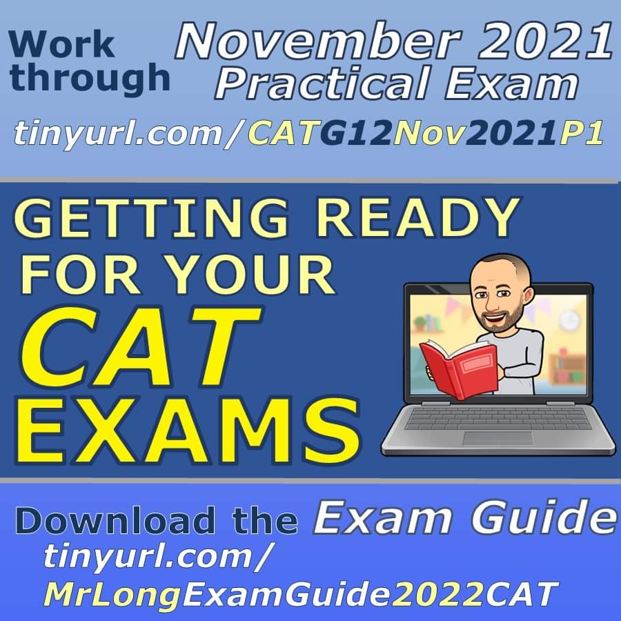 MrLongEducation's tweet image. Nov2022 P1 Video walkthrough online at tinyurl.com/CATg12NOV2021p1
CAT Exam Guide online at: tinyurl.com/MrLongExamGuid…
Hope it can help with preparing for the final exams. #ComputerApplicationsTechnology #Grade12 #FinalExams #CAT #PracticalExam #DoItTheMrLongWay