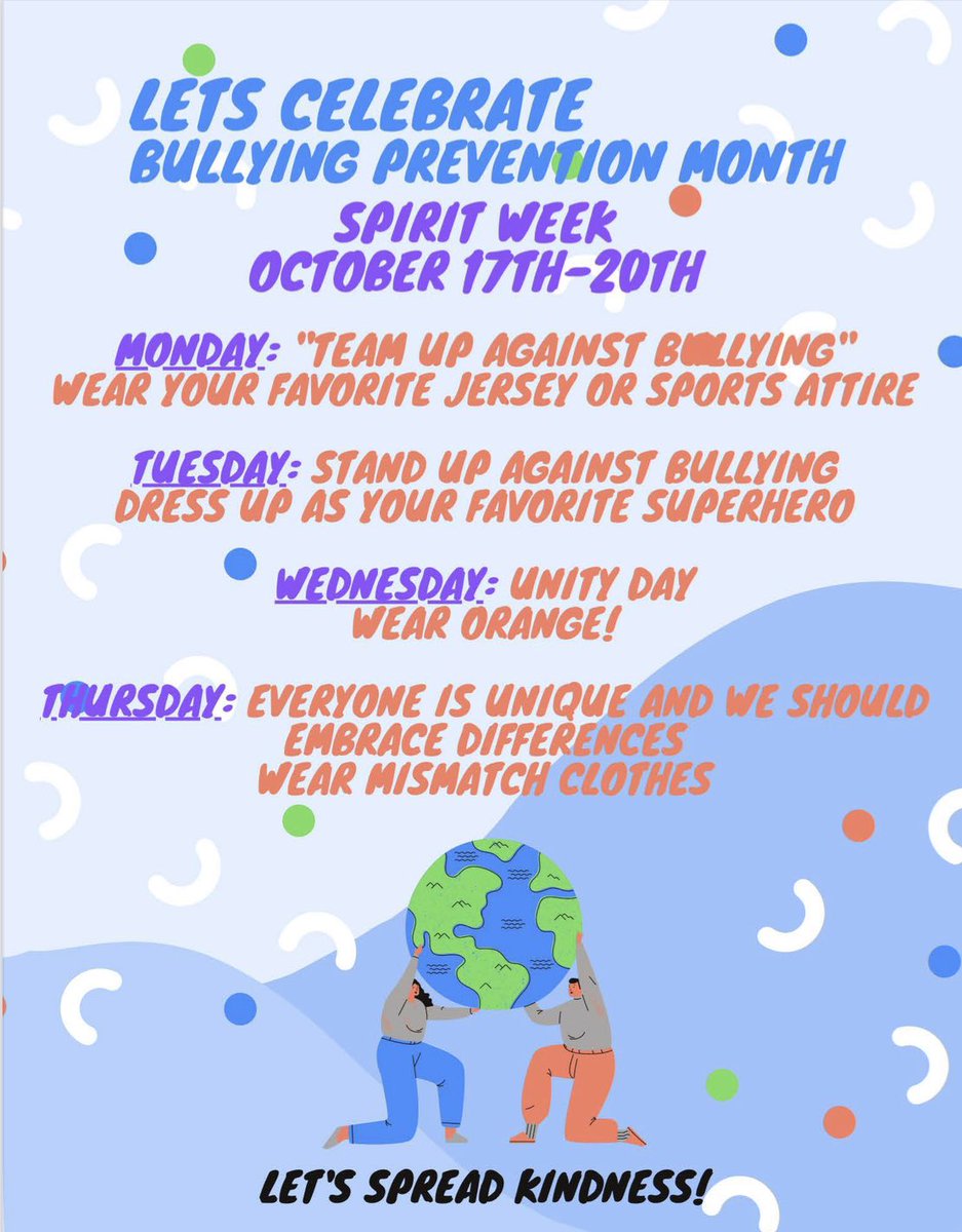 Genesee will be participating in Bullying Prevention Week with a Spirit Week! Please see the attached schedule for October 17th - 20th.