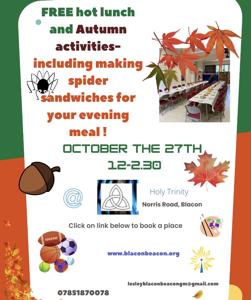 Half term lunch and activities Holy Trinity Church Hall, Norris Road Blacon, CH1 5LD use this link to apply blaconbeacon.us5.list-manage.com/track/click?u=…
