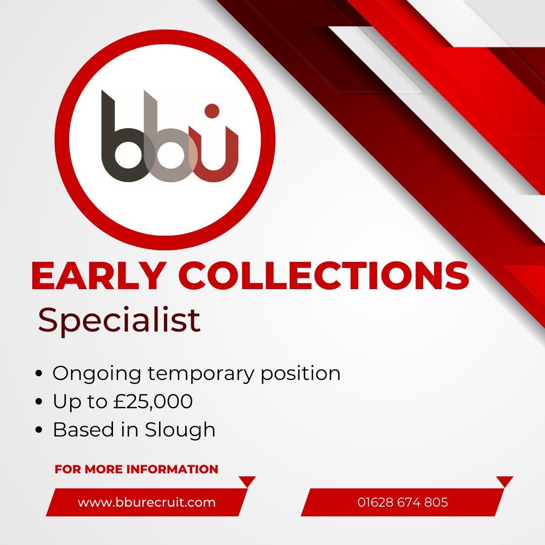 We are recruiting for an Early Collections Specialist. The role holder will deal with a high volume of calls and negotiate payments/arrangements. The ideal candidate will have a sales personality.
Click here for more information: bburecruit.com/jobs/early-col…
⚫️ ⚪️ 🔴
#bbu #slough