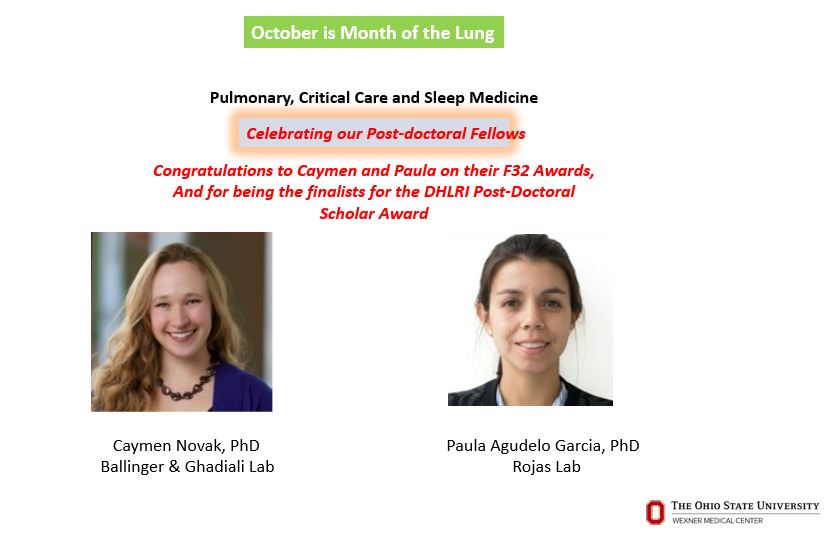 Congratulations to Drs. Caymen Novak and Paula Agudelo Garcia on being finalists for the #DHLRI Post-Doctoral of the Year Scholar Award! @jhorowitzMD @OSUPCCM_Fellows @mnballinger @colblackberrys @MR_AgingLab @OhioStateMed @OSUWexMed
