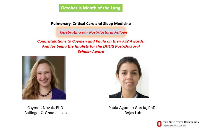 OhioStateDHLRI's tweet photo. Congratulations to Drs. Caymen Novak and Paula Agudelo Garcia on being finalists for the #DHLRI Post-Doctoral of the Year Scholar Award! @jhorowitzMD @OSUPCCM_Fellows @mnballinger @colblackberrys @MR_AgingLab @OhioStateMed @OSUWexMed https://t.co/S0Q0EQRbYq