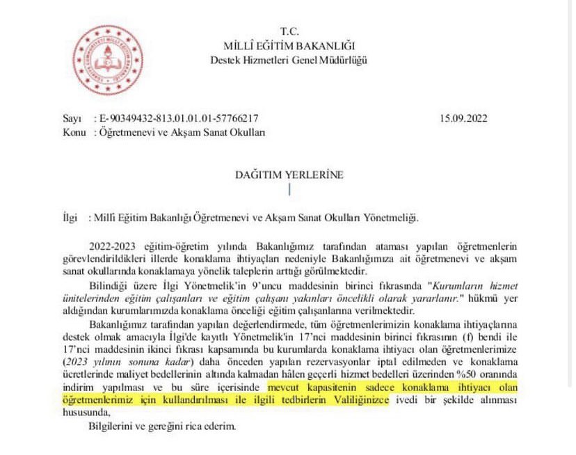 DEFALARCA GÜNDEME GETİRMİŞTİK! SONUNDA OLDU! 
Öğretmenevlerinden sadece öğretmenlerin yararlanmasına dair valilik tarafından paylaşılan resmî yazı…
Bu uygulama tüm illerde kalıcı olmalıdır. 
Öğretmenevleri, öğretmenlerindir!!!