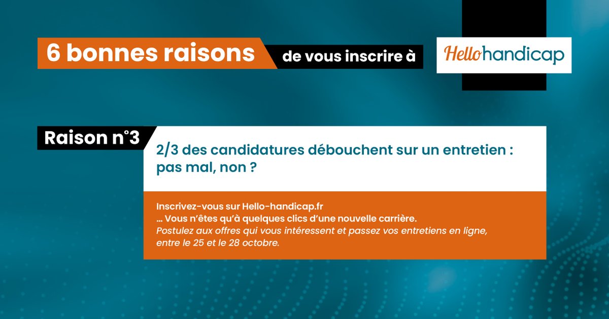 #recrutement
Mettre toutes les chances de son côté pour être recruté : c'est sur hello-handicap.fr que ça se passe.
Sur la plateforme, 2 candidats sur 3 obtiennent un entretien avec un recruteur.
Et si vous tentiez votre chance ?
#emploi #handicap #hellohandicap