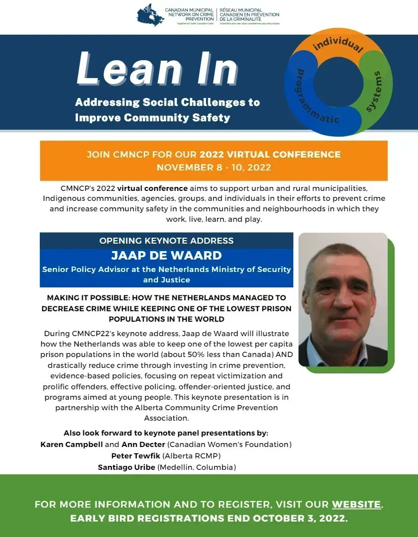 CMNCP is proud to announce the keynote speaker for the CMNCP22 Virtual Conference which will be held from November 8-10, 2022. Jaap de Waard from the Netherlands Ministry of Security will discuss the country's approach to #crimeprevention.

Register here: buff.ly/3rcXAkF