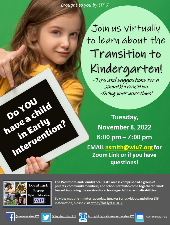 Do you have a child in early intervention?  If so, join us virtually to learn about the Transition to Kindergarten!
Learn tips and suggestions for a smooth transition and bring your questions!  See flier for info...